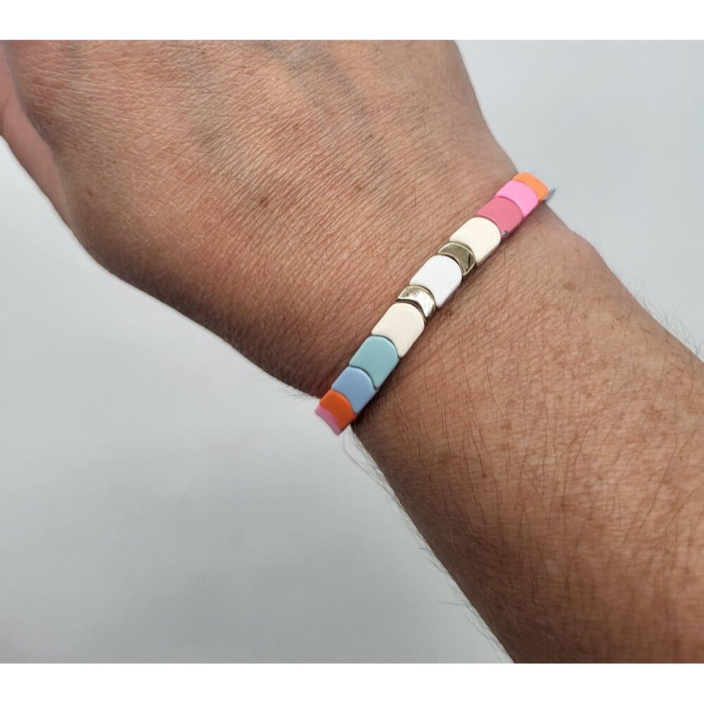 Roxanne Assoulin Enamel Tile Stretch Bracelet Multicolor Pink Blue - Picture 5 of 10